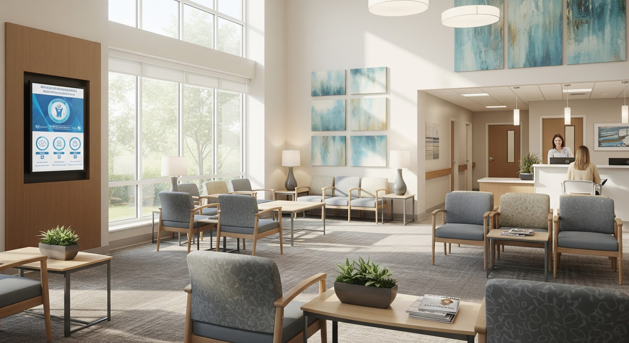 Imagem de uma sala de espera moderna e bem decorada, com poltronas confortáveis, plantas, obras de arte nas paredes e uma recepcionista atendendo clientes